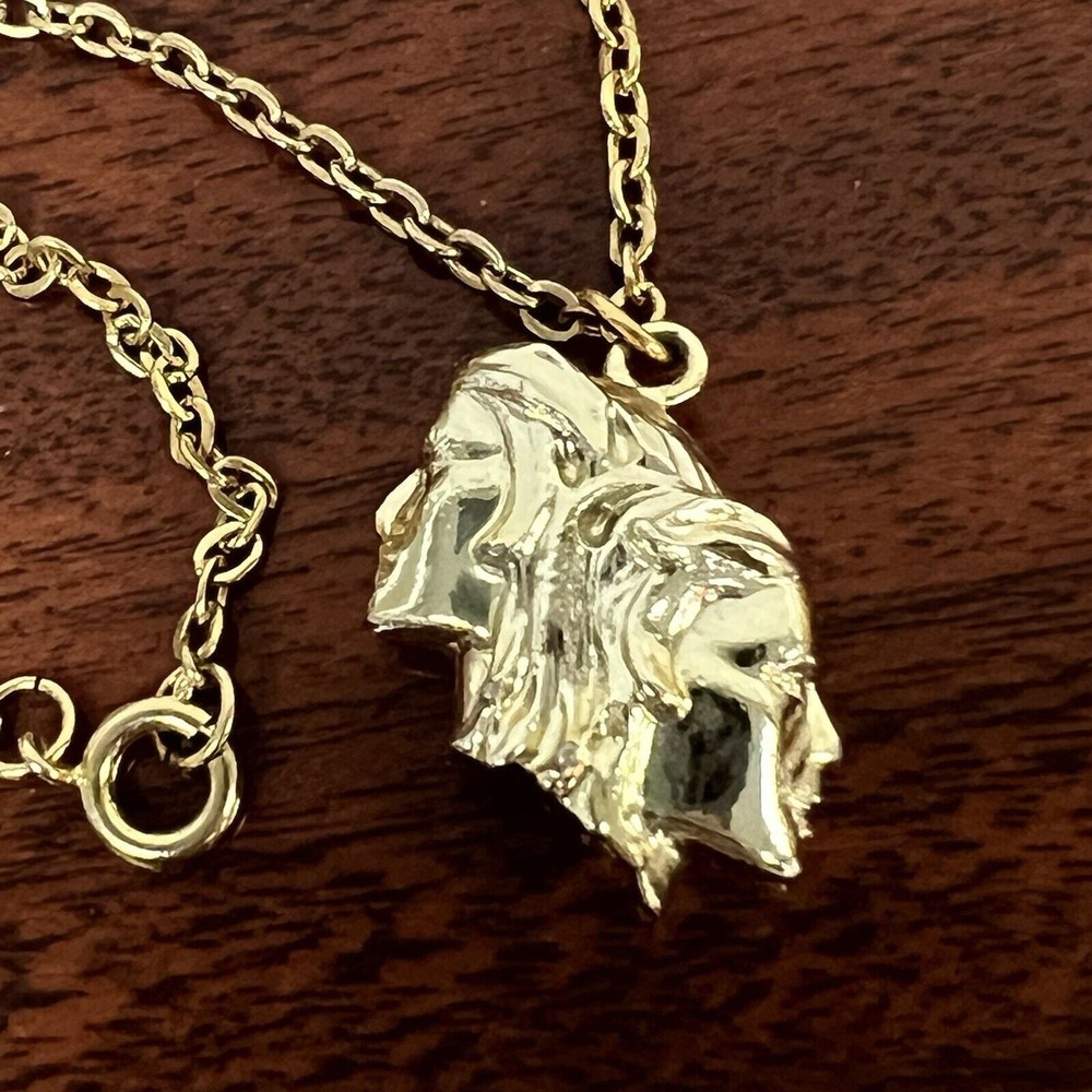 Vintage Necklace Art Deco Faces Man Woman Gold Tone signed PL